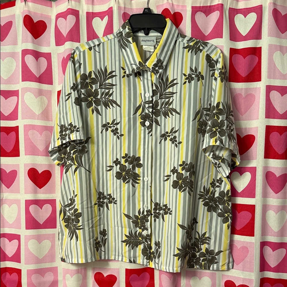 BonWorth Yellow, Gray & White Striped Floral Short-Sleeve Button Front Blouse